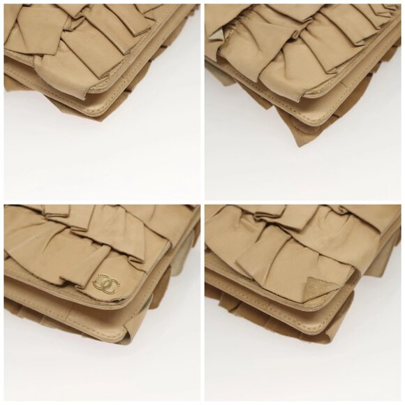 CHANEL Frill Chain Hand Bag Lamb Skin Beige Gold CC Auth yk18806 - Picture 16 of 16